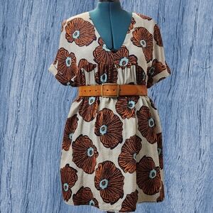 Sweewë Paris Orange, Blue, White Floral V Neck Tunic Dress WITH POCKETS!